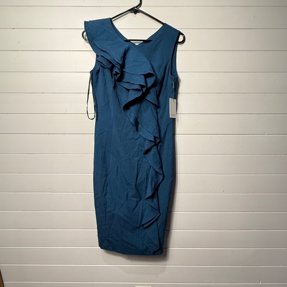 Calvin Klein Ruffle Front Sheath Dress 2 Teal Malachite Sleeveless NWT CD1X5CHO